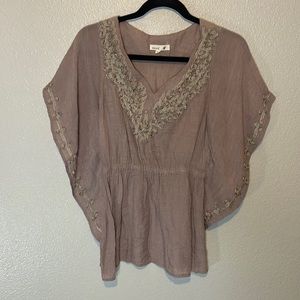 Mine | Taupe Flowy Embroidered Poncho Sleeve Boho Blouse | Size S